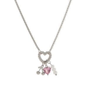 Silver Heart Pendant Necklace with Pink Gemstone and Pearls
